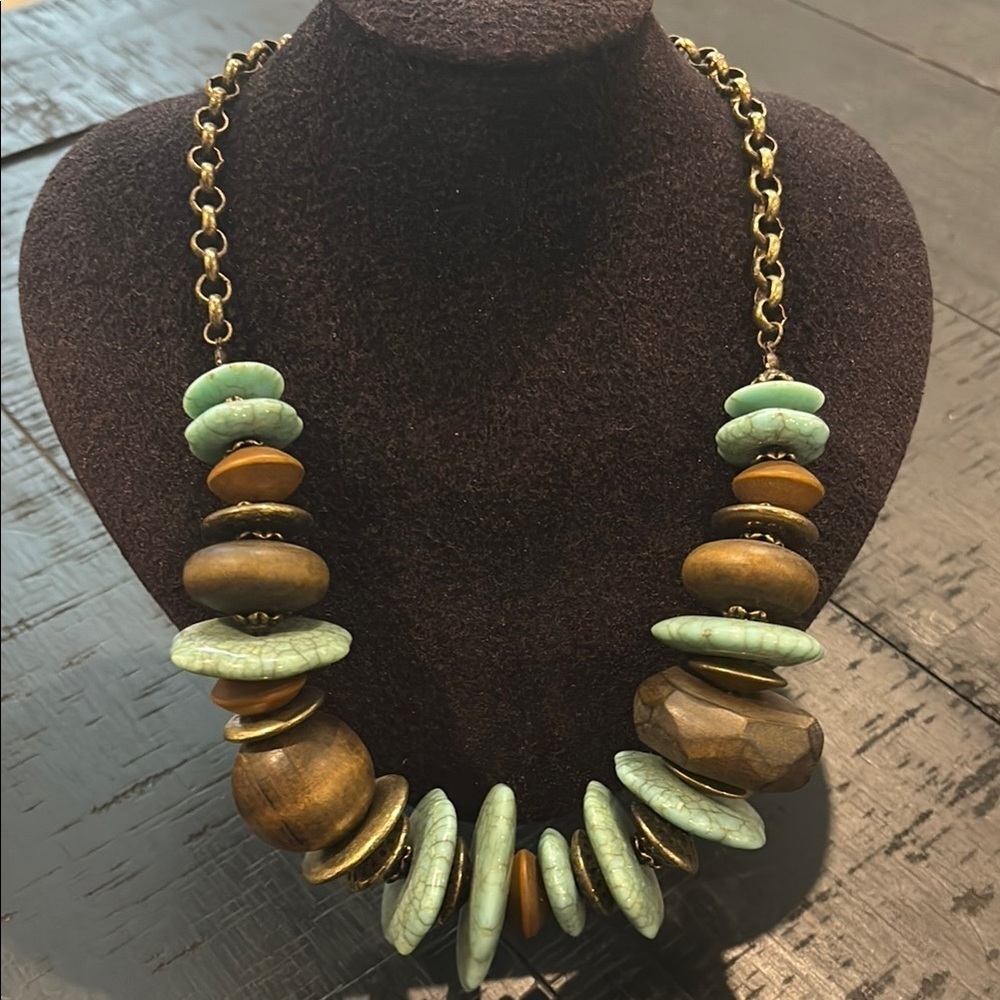 Chunky Turquoise Disc Wood Beaded Bead Statement Boho Necklace